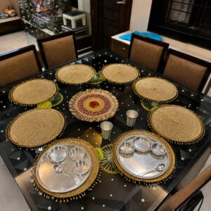 handcrafted gold beaded dining mat set for 8 with decorative centrepiece