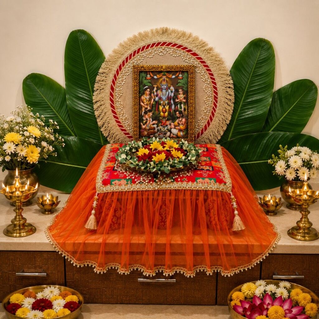 handcrafted festive pooja chowki decor set with banana leaf backdrop